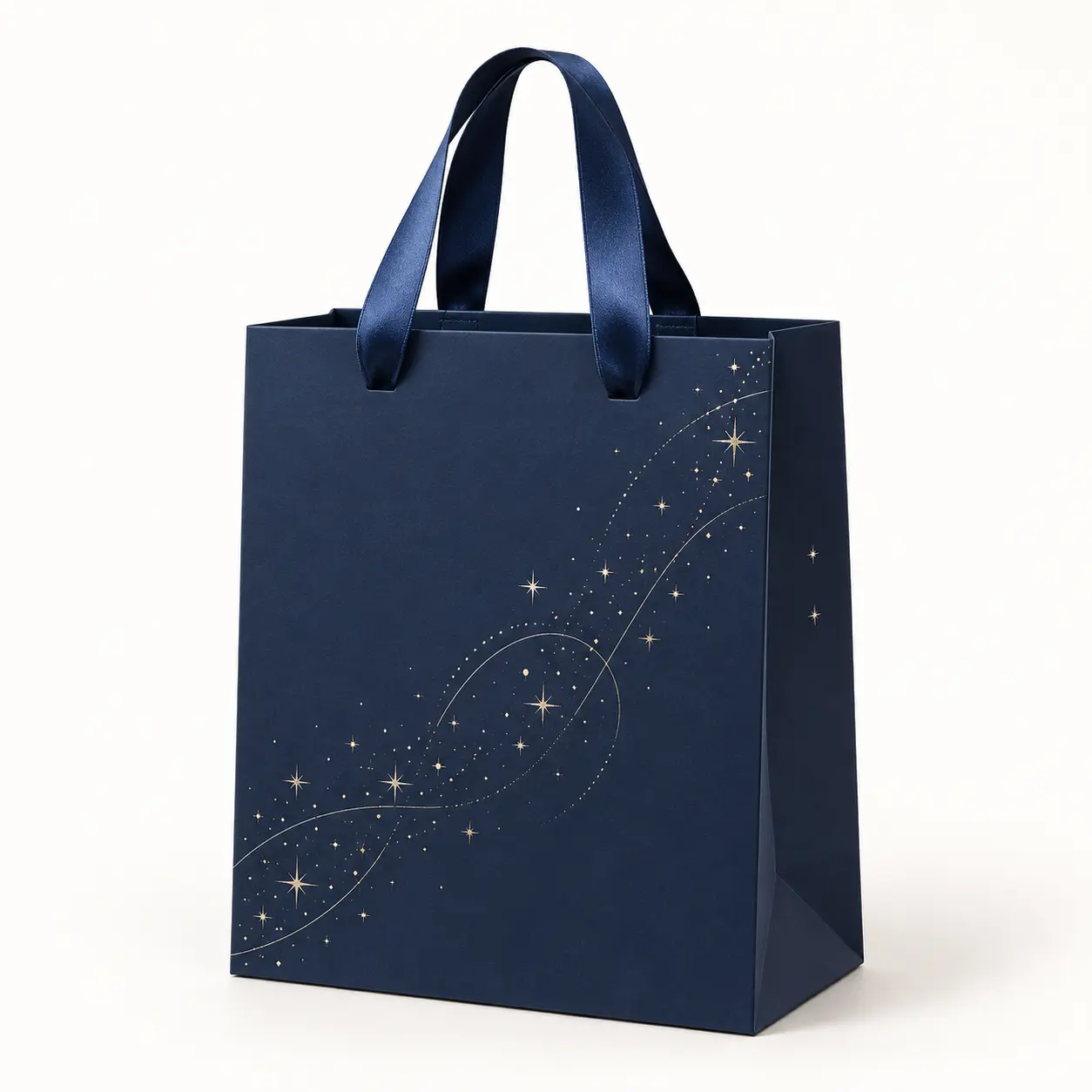 Midnight Stardust Luxury Bag — premium printed paper carry bag with satin ribbon handles