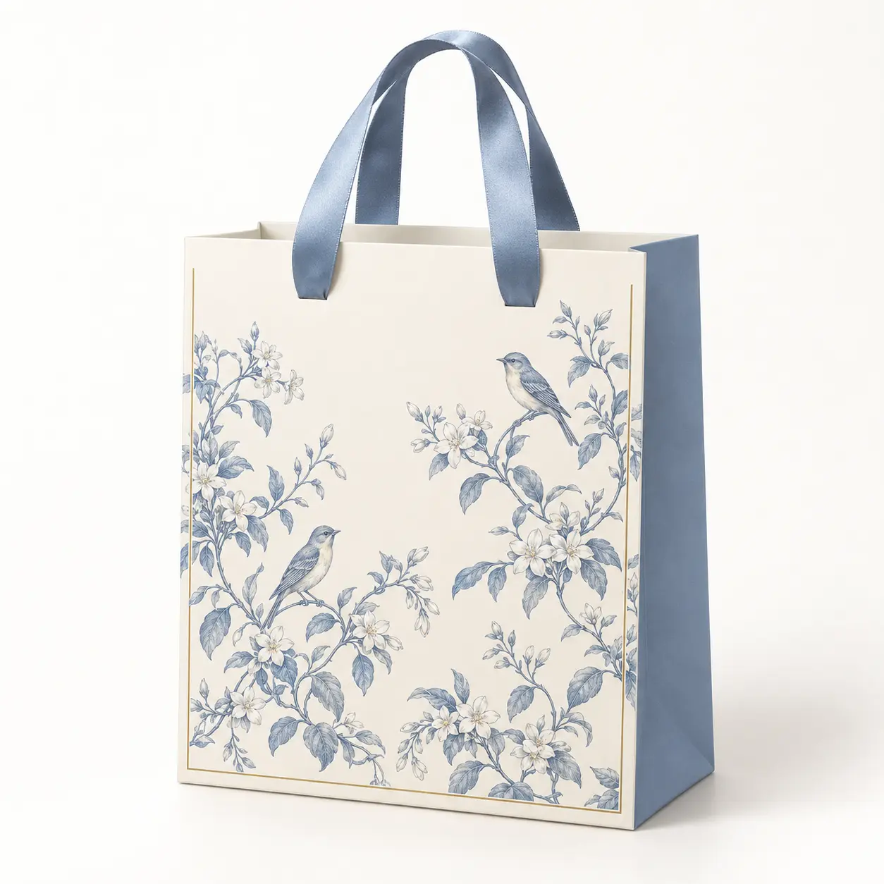 Ivory Blue Chinoiserie Luxury Bag — premium printed paper carry bag with satin ribbon handles