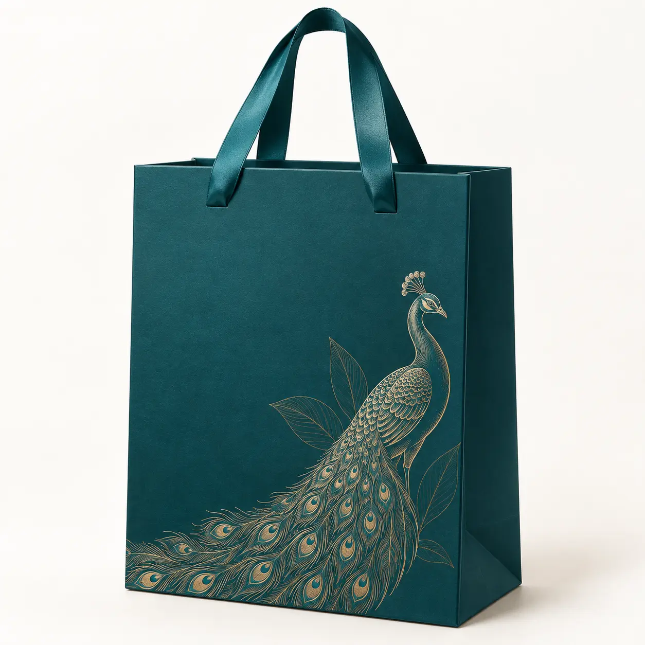 Teal Peacock Gold Luxury Bag — premium printed paper carry bag with satin ribbon handles
