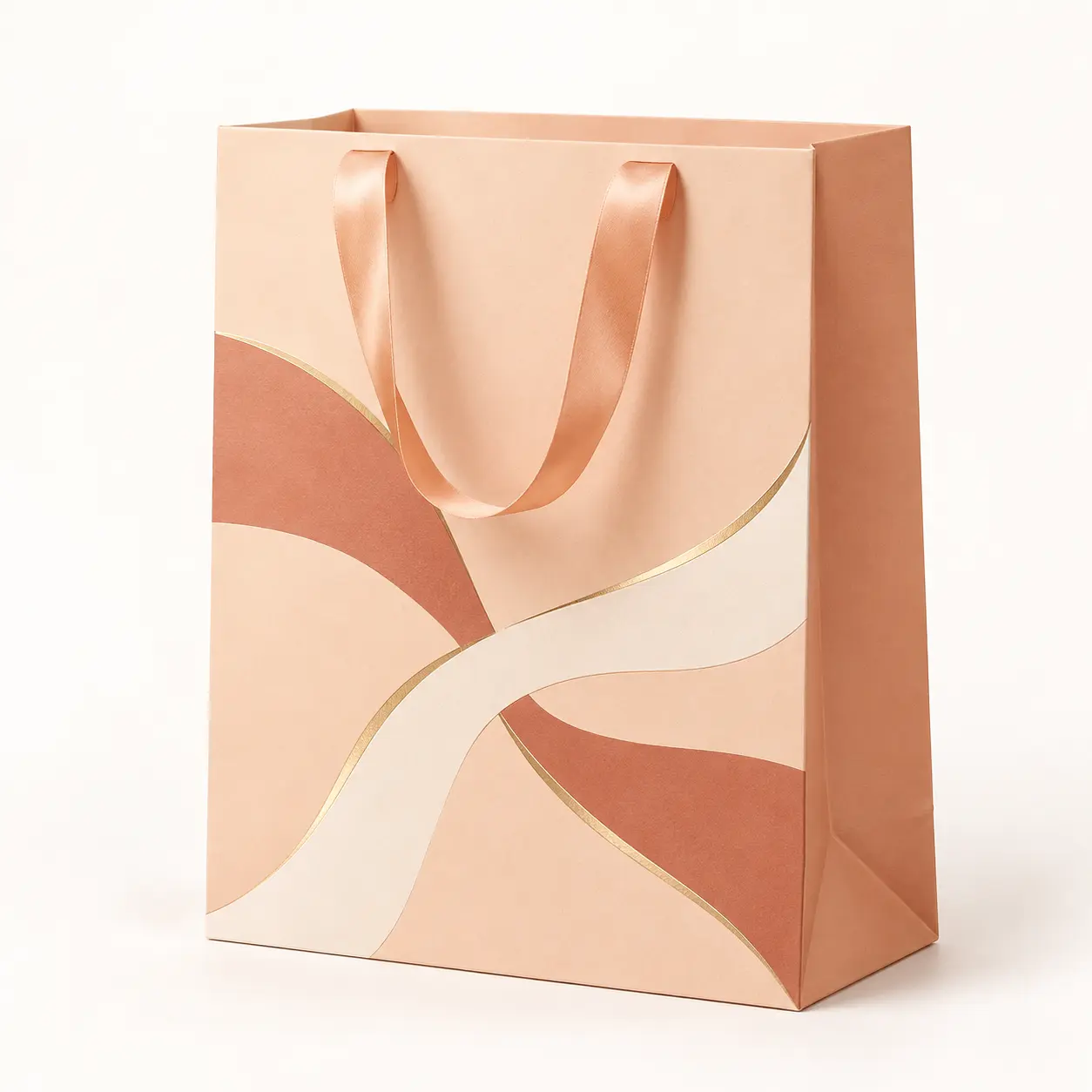 Peach Terracotta Wave Luxury Bag — premium printed paper carry bag with satin ribbon handles