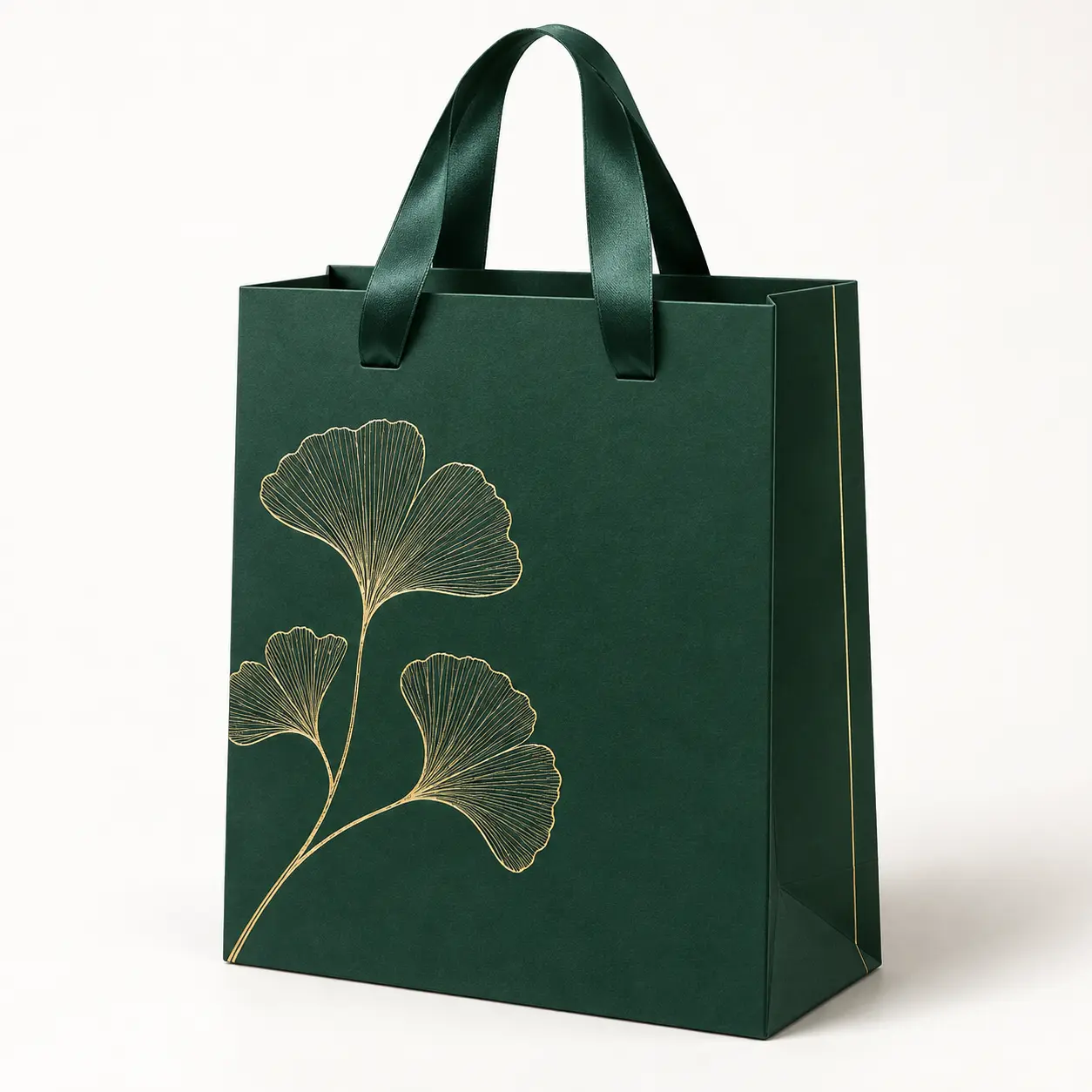 Emerald Ginkgo Gold Luxury Bag — premium printed paper carry bag with satin ribbon handles